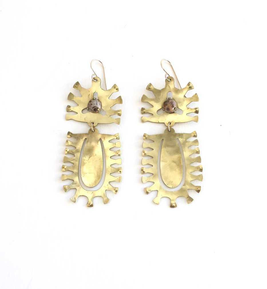 Textured Brass Earrings w/ Prong Set Stones: Leopard Jasper